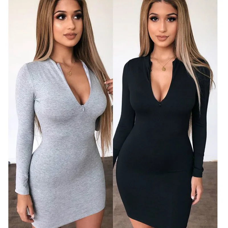 Women Autumn Long Sleeve Bodycon Dress 2020 Fashion Zippered Deep V-neck Slim Club Dress Solid Color
Women Autumn Long Sleeve Bodycon Dress 2020 Fashion Zippered Deep V-neck Slim Club Dress Solid Color