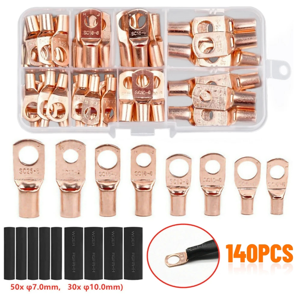 140PCS Copper Battery Cable Connector Terminal Closed End Wire Terminals 60PCS Terminals + 80PCS Heat Shrink Tubing
140PCS Copper Battery Cable Connector Terminal Closed End Wire Terminals 60PCS Terminals + 80PCS Heat Shrink Tubing
