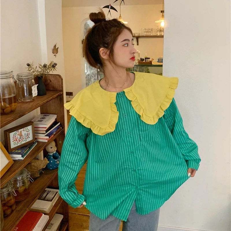 Women'S Blouse Ruffled Color Contrast Loose Blusas Mujer Young Sweet Long Sleeve Korean Fashion Tops 2022 Spring New
Women'S Blouse Ruffled Color Contrast Loose Blusas Mujer Young Sweet Long Sleeve Korean Fashion Tops 2022 Spring New