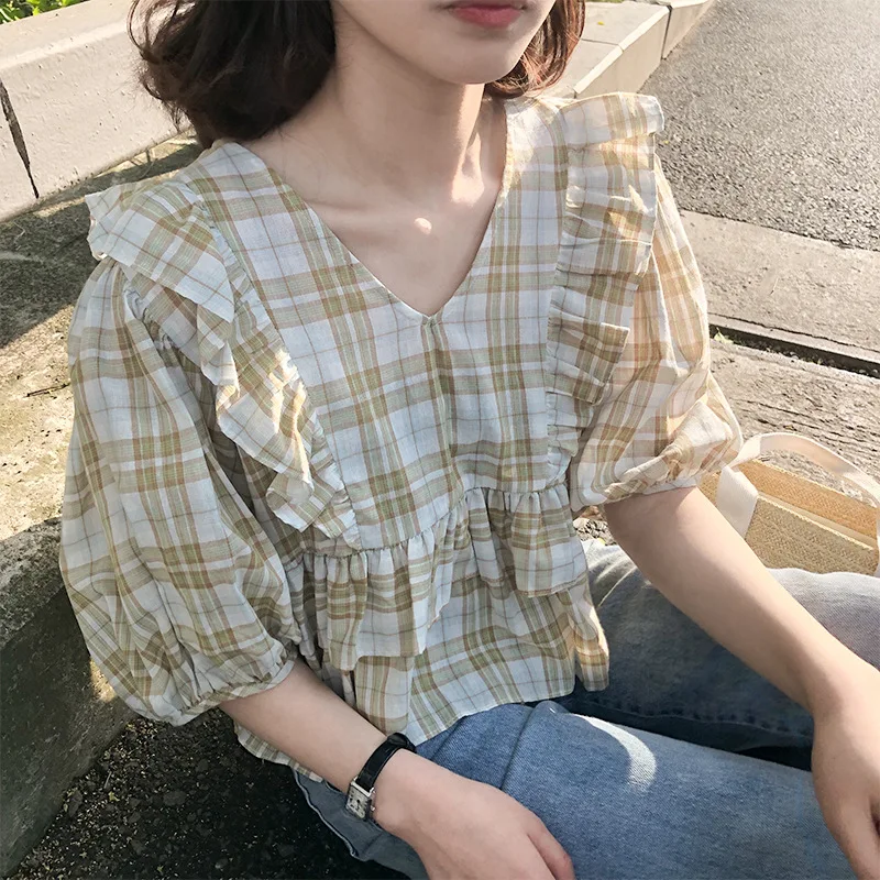 Korean Style Summer Fashion Plaid Blouse Women Casual V-neck Short Shirt Female Ruffle Loose Vintage Short-sleeved Tops Female
Korean Style Summer Fashion Plaid Blouse Women Casual V-neck Short Shirt Female Ruffle Loose Vintage Short-sleeved Tops Female