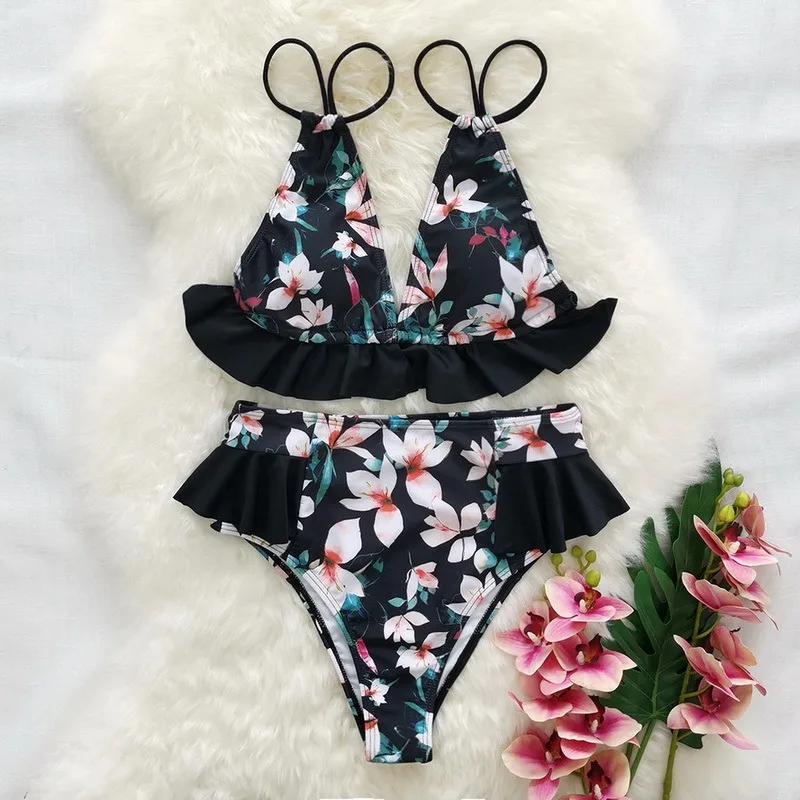 

Sexy Plunging Bikini Set For Women Leaves Flower Print Swimsuit Summer Bathing Suit Push Up High Waist Ruffled Swimwear