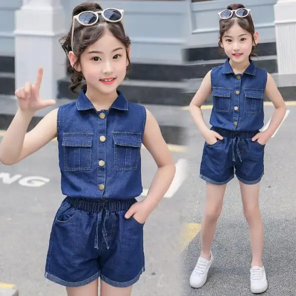 

Girls Clothing Set Summer Teenagers Kids Clothes Children Sport Suit Fashion Denim Girls Sets Casual Outfits 4 6 7 8 910 12Years