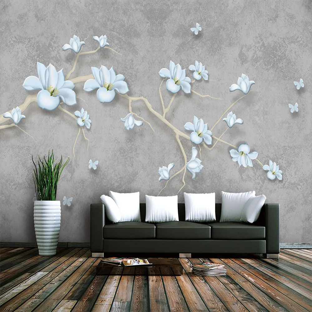Настенные обои на заказ, современные, стильные, элегантные, синие, магнолия, ветка, Бабочка, фон, настенная живопись