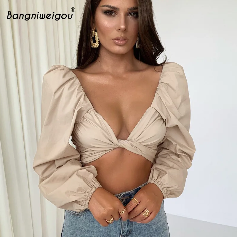 

Bangniweigou Ribbon Adjustable Knot Crossed Crop Top Women V-neck Long-sleeve T Shirt Solid Color Bow White Khaki Tops