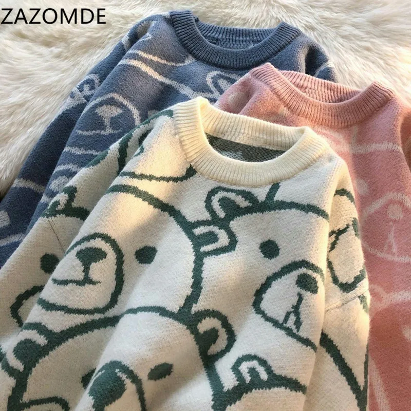ZAZOMDE Couples Casual Cartoon Pullover Sweater New Autumn Winter Jumper Man Korean Bear jacquard Long sleeve Knitted Sweaters
ZAZOMDE Couples Casual Cartoon Pullover Sweater New Autumn Winter Jumper Man Korean Bear jacquard Long sleeve Knitted Sweaters