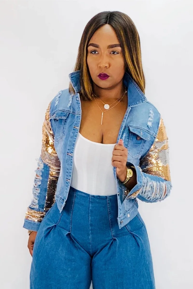 Sparkling Sequins Women Streetwear Denim Coats 2020 Autumn Newest Lady's Turn-down Collar Ripped Single-breasted Short Jackets
Sparkling Sequins Women Streetwear Denim Coats 2020 Autumn Newest Lady's Turn-down Collar Ripped Single-breasted Short Jackets