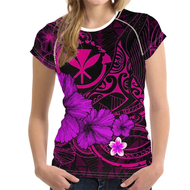 

FORUDESIGNS Summer T Shirt Women Clothes Polynesian Hawaii Kanaka Maoli Humpback Whale with Hibiscus Print Lady Short-sleeve Top