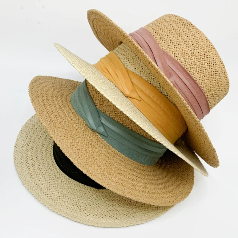 

HT3186 Straw Hat Vintage Flat Top Fedoras Men Women Ribbon Band Boater Beach Hat Male Female Breathable Summer Sun Hat Beach Cap