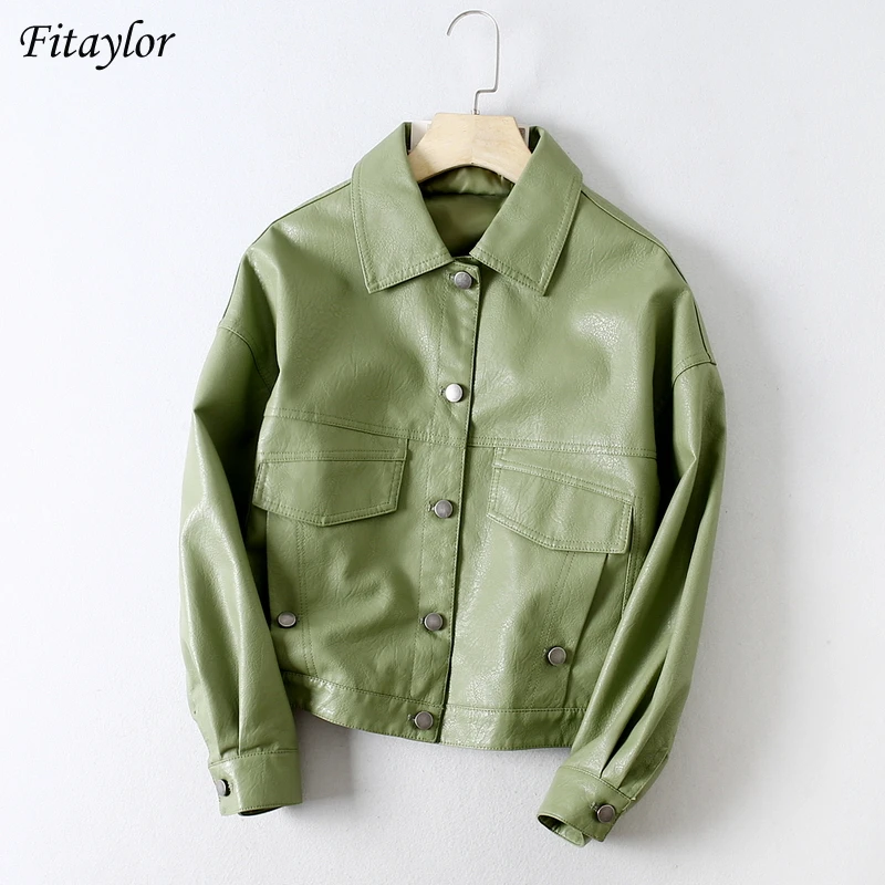 Fitaylor Spring Autumn Women Casual Green Loose Faux Leather Short Jacket Single Breasted BF Style PU Coat Biker Street Outwear
Fitaylor Spring Autumn Women Casual Green Loose Faux Leather Short Jacket Single Breasted BF Style PU Coat Biker Street Outwear