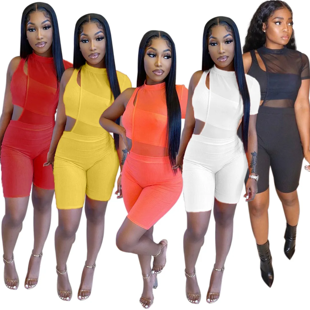 

New Ribbed Women's Tracksuit 2XL Size Cut Out Side One Short Sleeve Playsuit and Strapless Crop Tops Matching Set Beach Outfits