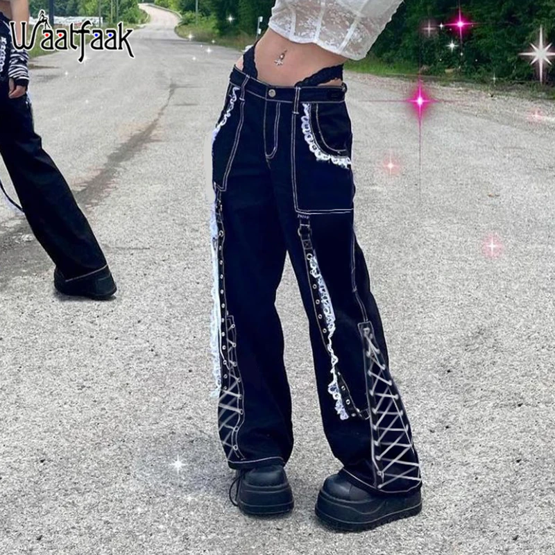 Waatfaak Punk Lace Up Baggy Jeans Women 90S Goth Black Pants Streetwear Pockets Patchwork Wide Leg Cargo Jeans Low Waist Grunge
Waatfaak Punk Lace Up Baggy Jeans Women 90S Goth Black Pants Streetwear Pockets Patchwork Wide Leg Cargo Jeans Low Waist Grunge