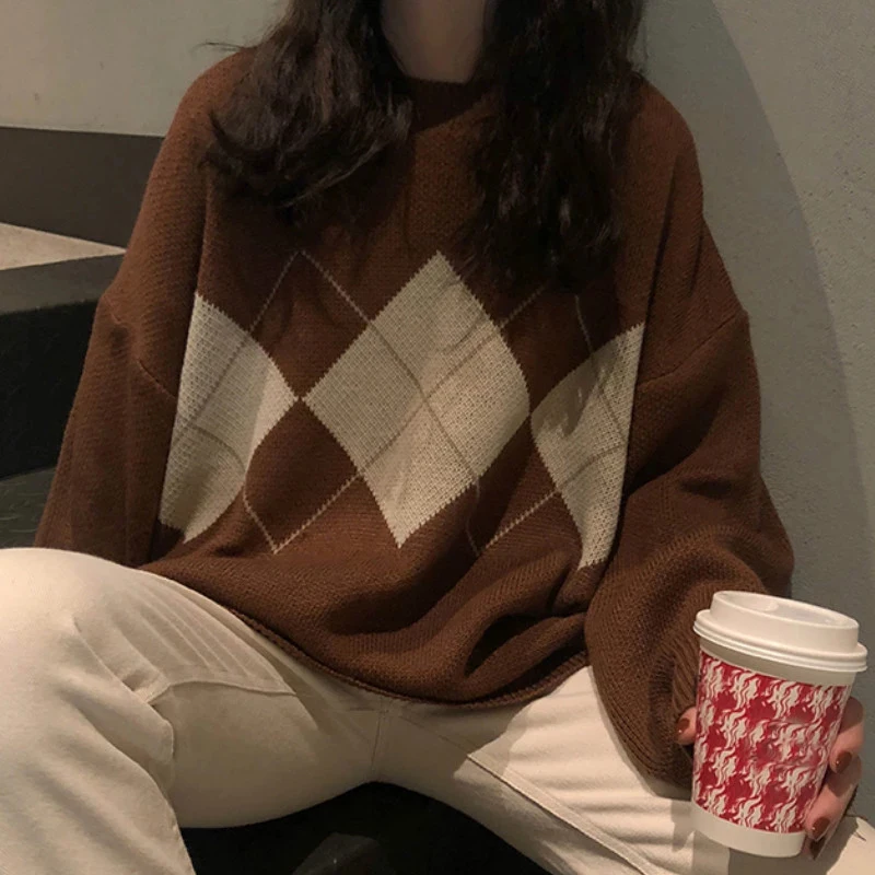 Knitted Sweater Women Oversized Argyle Sweater Pullovers Winter Loose Sweater Korean College Style Women Jumper
Knitted Sweater Women Oversized Argyle Sweater Pullovers Winter Loose Sweater Korean College Style Women Jumper