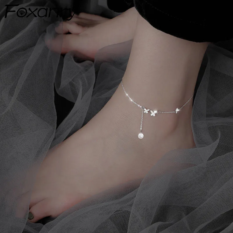 

Evimi 925 Standard Silver Anklet For Women New Fashion Charm Simple Butterfly Sparkling Zircon Tassel Party Jewelry Wholesale