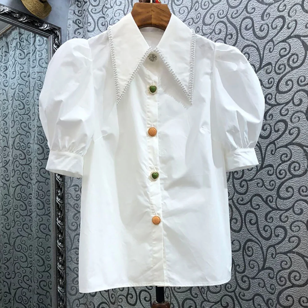 Fashion Beading Doll Collared Multicolor Button Up White Women Blouses Straight Puff Short Sleeve Thin Shirts Summer Crop Tops
Fashion Beading Doll Collared Multicolor Button Up White Women Blouses Straight Puff Short Sleeve Thin Shirts Summer Crop Tops