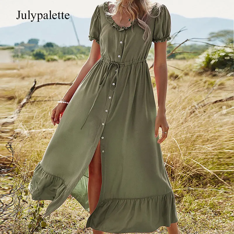 Julypalette Casual O-neck Puff Sleeve Women's Dress 2021 Summer High Waist Single-breasted Beach Dress Vacation Female Vestidos
Julypalette Casual O-neck Puff Sleeve Women's Dress 2021 Summer High Waist Single-breasted Beach Dress Vacation Female Vestidos