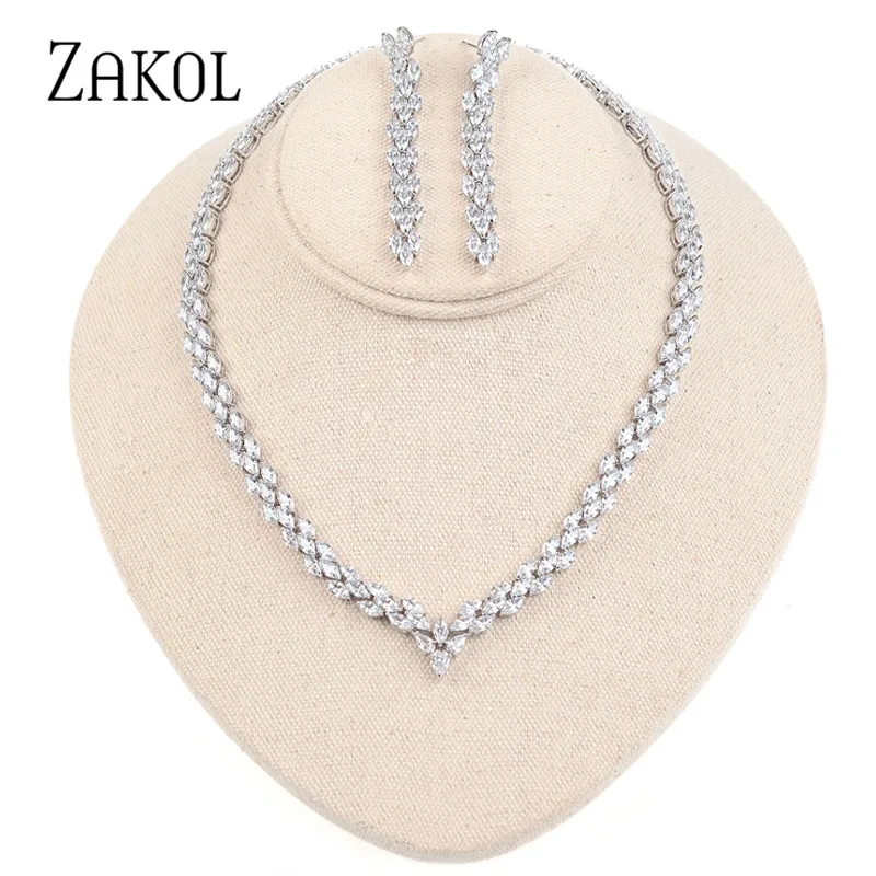 ZAKOL Luxury Shinny Marquise Cut Cubic Zircon Necklace Earrings Jewelry Sets for Women Fashion White Leaf Wedding Dress FSSP158
ZAKOL Luxury Shinny Marquise Cut Cubic Zircon Necklace Earrings Jewelry Sets for Women Fashion White Leaf Wedding Dress FSSP158