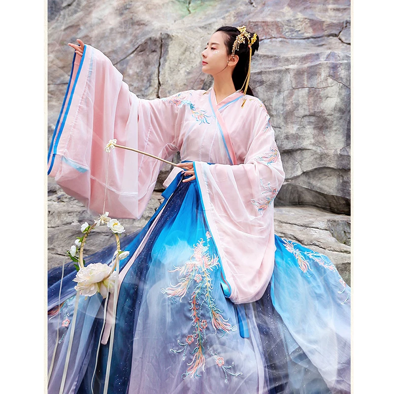 Вышитые танцевальные костюмы с Фениксом Hanfu женское китайское фолк-сказочное