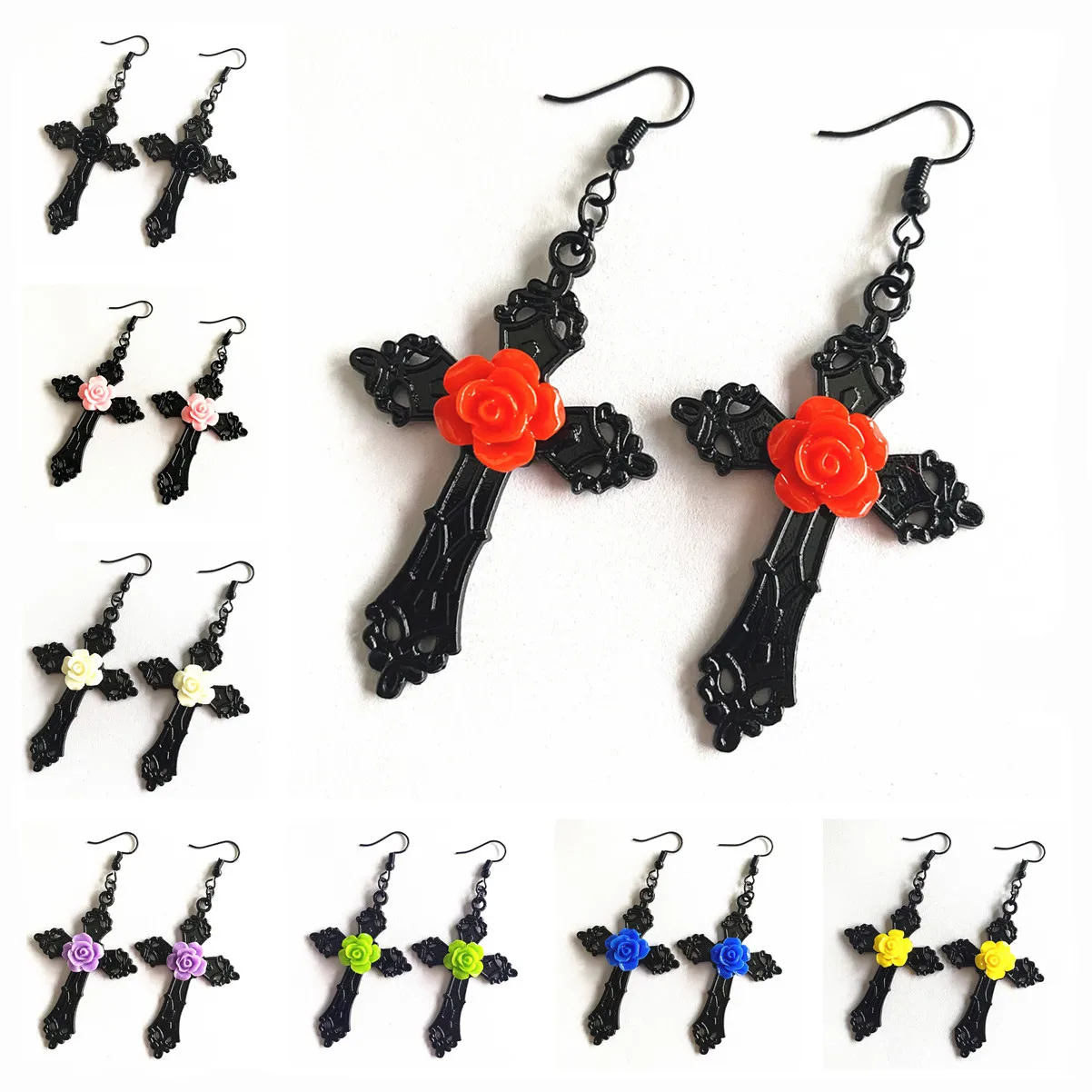 

Gothic Cross Earrings with Red Rose Detail Trad Goth Fashion Jewellery Unique Big Pendant Women Classical Gift Beautiful New