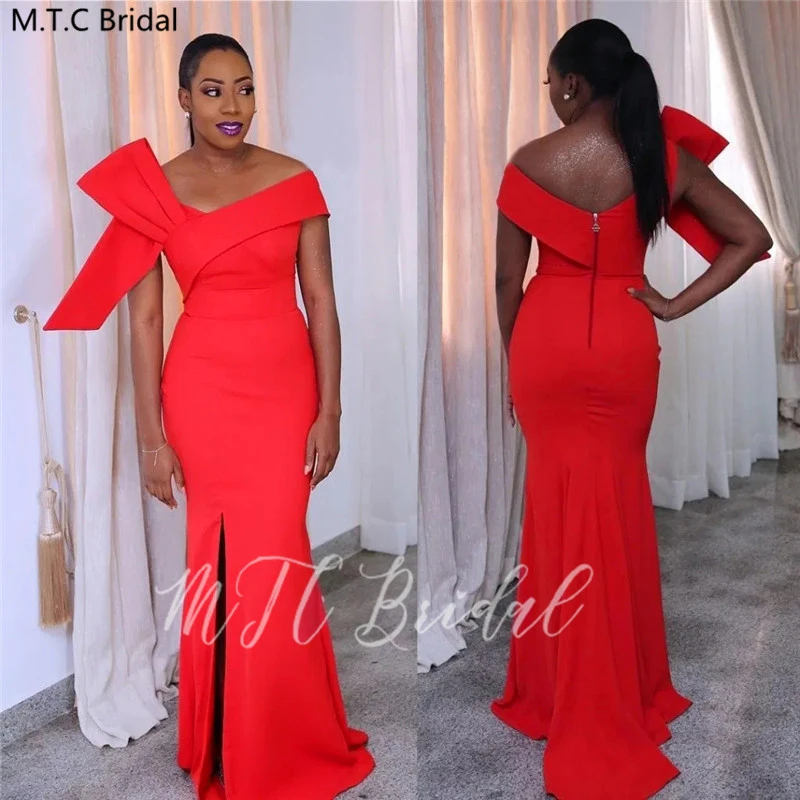 New Design Red Mermaid Bridesmaid Dresses With Big Bow Side Slit Off The Shoulder Sexy Black Girls Long Prom Gowns Plus Size
New Design Red Mermaid Bridesmaid Dresses With Big Bow Side Slit Off The Shoulder Sexy Black Girls Long Prom Gowns Plus Size