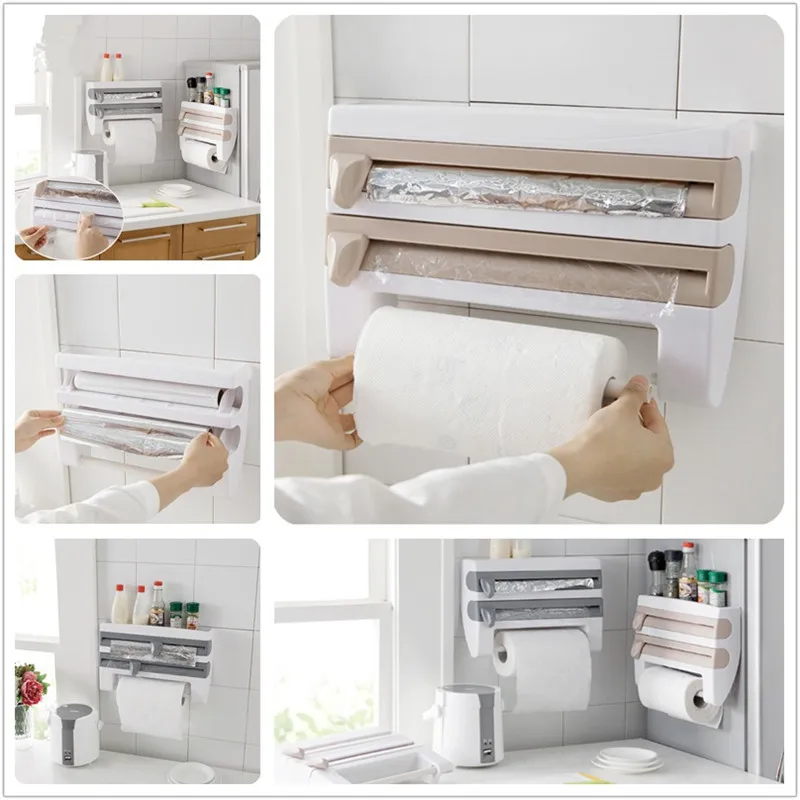 Wall-Mount Paper Towel Holder Sauce Bottle Rack 4 In 1 Cling Film Cutting Holder Mutifunction Kitchen Organizer
Wall-Mount Paper Towel Holder Sauce Bottle Rack 4 In 1 Cling Film Cutting Holder Mutifunction Kitchen Organizer