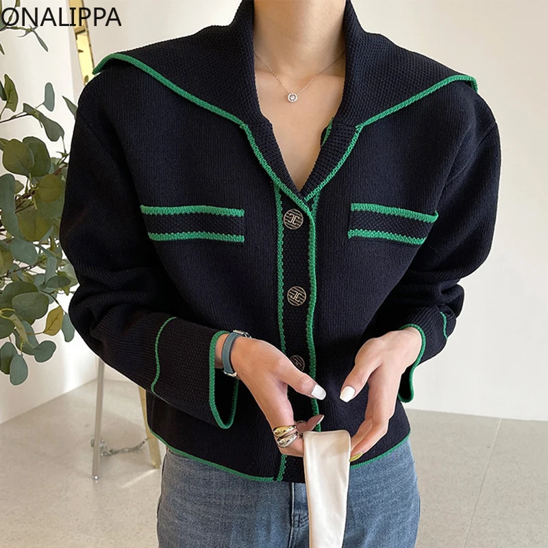 ONALIPPA Long Sleeve Knit Sweater Women Retro Lapel Chic Single-Breasted Hit Color Edging All-match Loose Long-Sleeved Cardigan
ONALIPPA Long Sleeve Knit Sweater Women Retro Lapel Chic Single-Breasted Hit Color Edging All-match Loose Long-Sleeved Cardigan