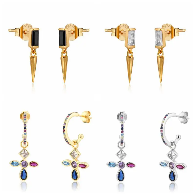 925 Sterling Silver Colorful Crystal Cross Metal Punk Rivet Pendant Stud Earrings for Women Trendy Personality Jewelry Earring
925 Sterling Silver Colorful Crystal Cross Metal Punk Rivet Pendant Stud Earrings for Women Trendy Personality Jewelry Earring