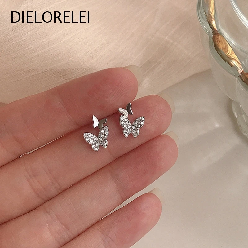 

DIELORELEI 925 Sterling Silver Temperament Minimalist For Women Niche Two Butterflies Zircon Crystal Dangle Stud Earrings Girls