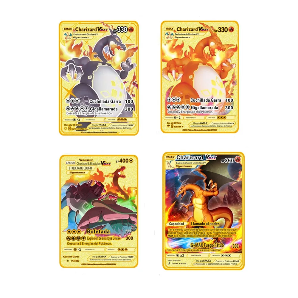 Spanish Pokemon Card Metal Vmax Card PIKACHU Charizard Golden Gift Game Collection Childrens Christmas Toy 4pc Set Style Playing
Spanish Pokemon Card Metal Vmax Card PIKACHU Charizard Golden Gift Game Collection Childrens Christmas Toy 4pc Set Style Playing