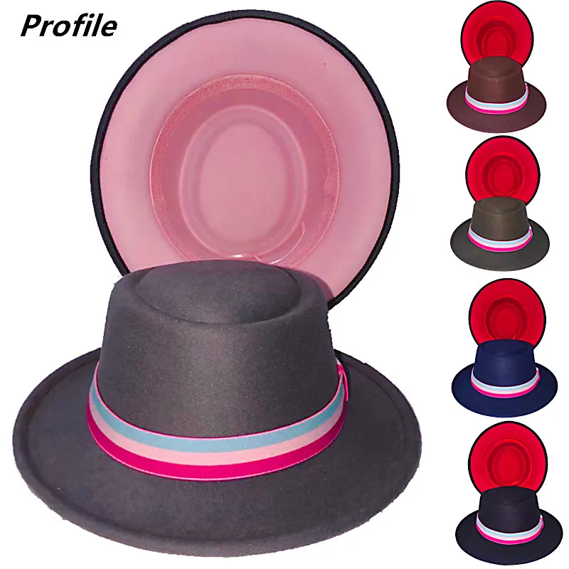 

Men's flat fedora hat warped-brimmed hat Panama gray + pink felt hat men's jazz hat church top hat ladies hat men шляпа женская