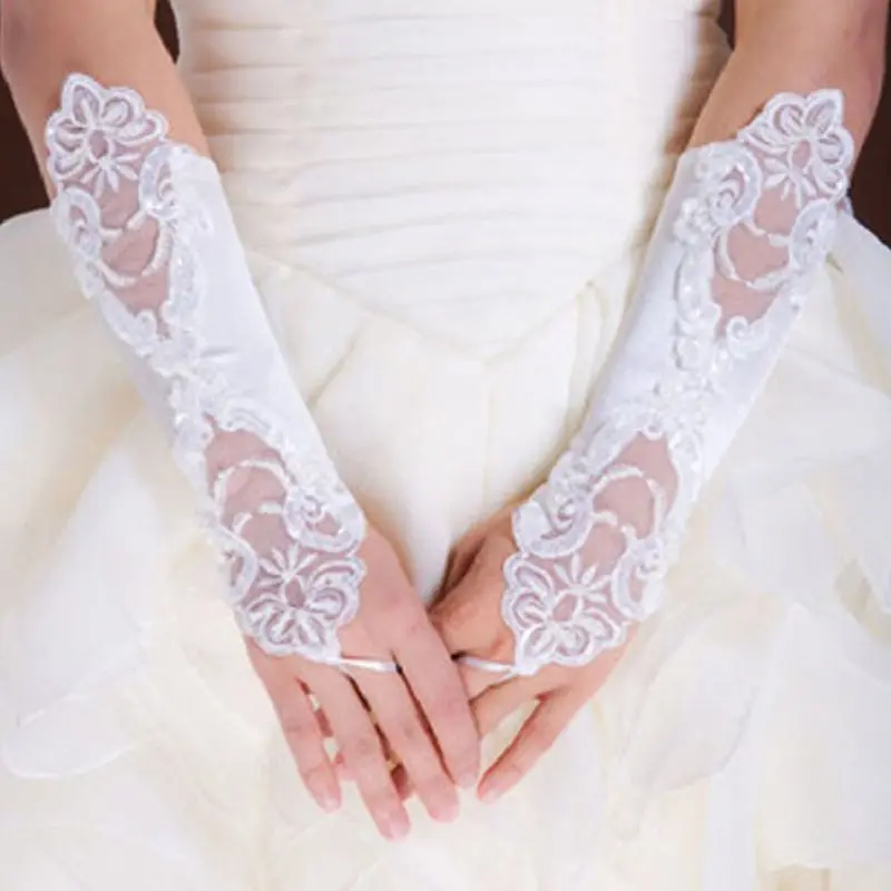 Фото Женские свадебные длинные перчатки 1 пара однотонные без пальцев с вышивкой