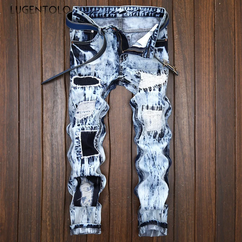 Trend Jeans Men Fashion Casual Trousers Mid Waist Hole Splicing Youth Print Men's Street Straight Long Jeans Lugentolo
Trend Jeans Men Fashion Casual Trousers Mid Waist Hole Splicing Youth Print Men's Street Straight Long Jeans Lugentolo