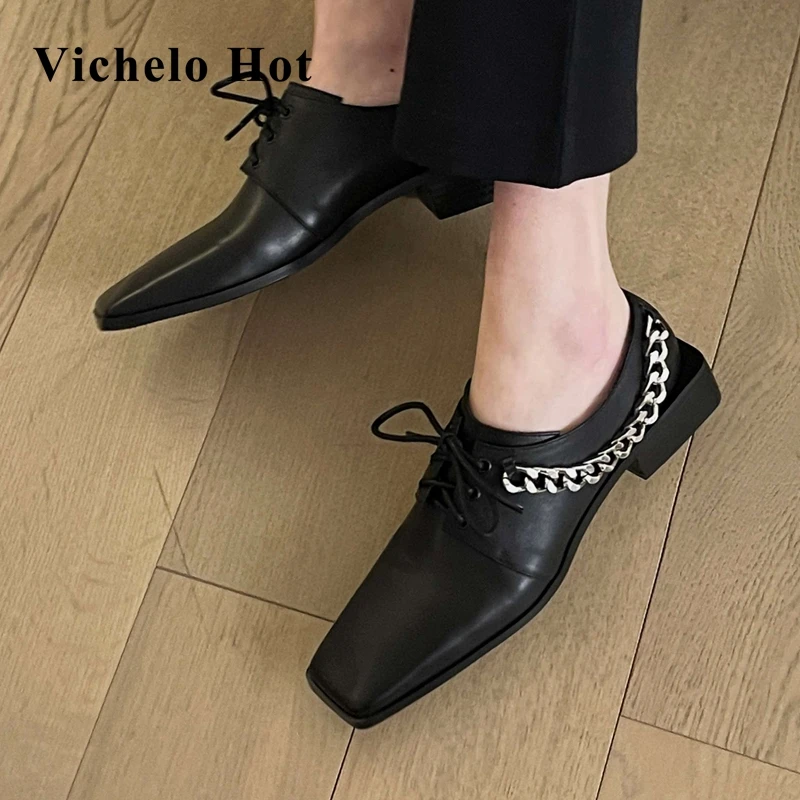 Vichelo Hot new genuine leather square toe med heel preppy style young lady streetwear handsome chain decoration women pumps L27
Vichelo Hot new genuine leather square toe med heel preppy style young lady streetwear handsome chain decoration women pumps L27