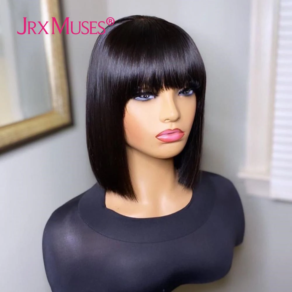 

Short Bob Fringe Wig Human Hair Wigs with Bangs Straight Brazilian Remy Blunt Cut Full Machine Made Glueless Wigs For Women