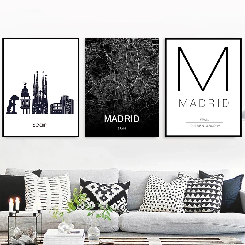 

Spain Madrid City Map Art Travel Print Poster Black and White Canvas Painting Room Wall Decoration Mural Nordic Room Decor
