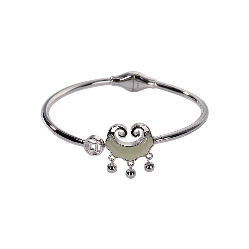 925 sterling silver Hetian jade bracelet retro personalized coin lock of good wishes women's opening bracelet
925 sterling silver Hetian jade bracelet retro personalized coin lock of good wishes women's opening bracelet