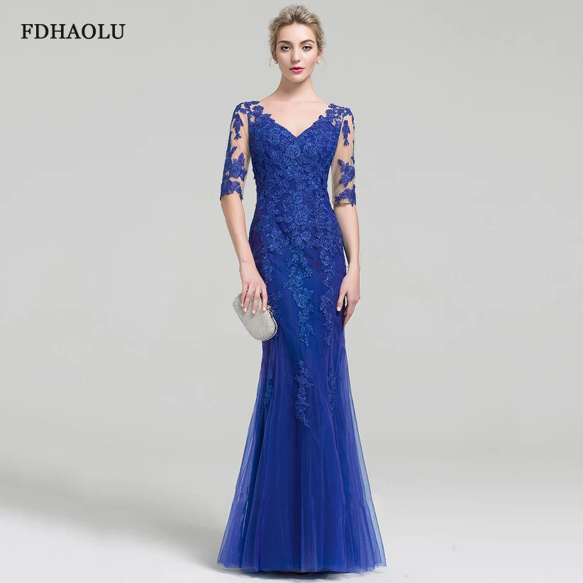 

Женское вечернее платье-Русалка AE22, темно-синее кружевное платье с коротким рукавом и аппликацией, Длинные официальные платья с V-образным в...