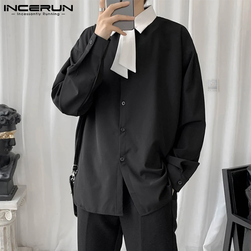 

2021 модная мужская Повседневная рубашка INCERUN, уличная одежда в стиле пэчворк с отложным воротником, рубашки с длинным рукавом и пуговицами, и...