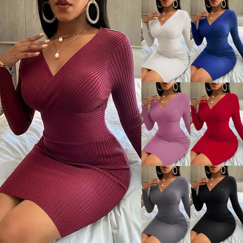 Sexy Women's Solid Color Long Sleeve Deep V-Neck Bag Hip Dress Autumn Elegant Fashion Bottoming Pullover Shirt Threaded
Sexy Women's Solid Color Long Sleeve Deep V-Neck Bag Hip Dress Autumn Elegant Fashion Bottoming Pullover Shirt Threaded