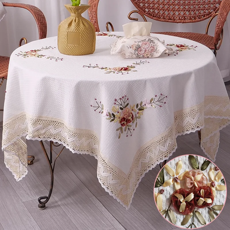 

Хлопковая льняная скатерть Proud Rose, ручная вязаная вышивка, кружевной подол, европейский стиль, Обложка, ткань для чайного столика