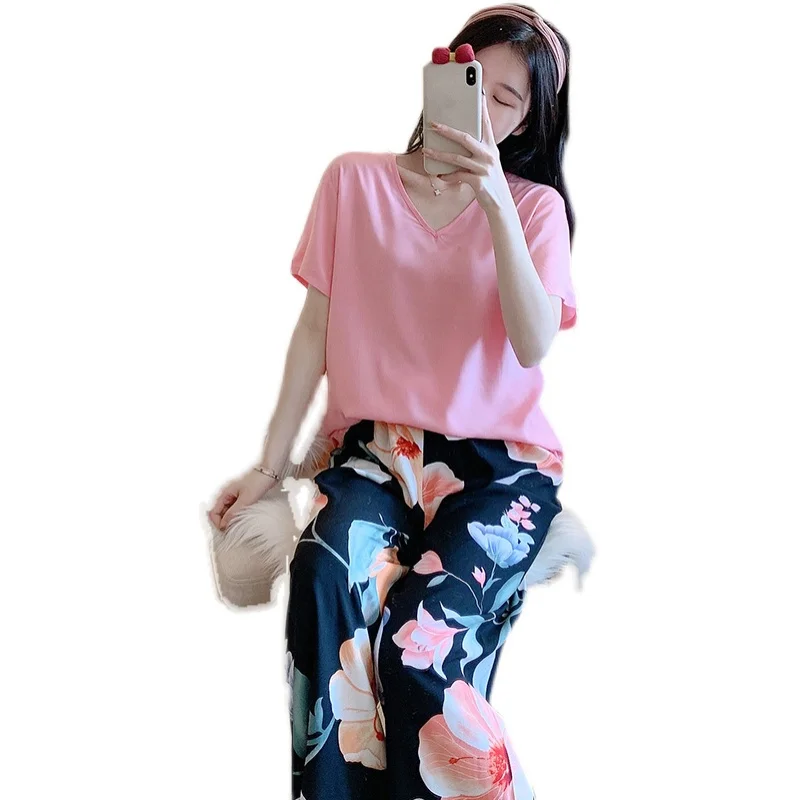 Spring and Summer Days New Style Viscose Staple Fiber Pajamas WOMEN'S Short Sleeved Wide Leg Pants Cotton Silk Tracksuit Sweet
Spring and Summer Days New Style Viscose Staple Fiber Pajamas WOMEN'S Short Sleeved Wide Leg Pants Cotton Silk Tracksuit Sweet