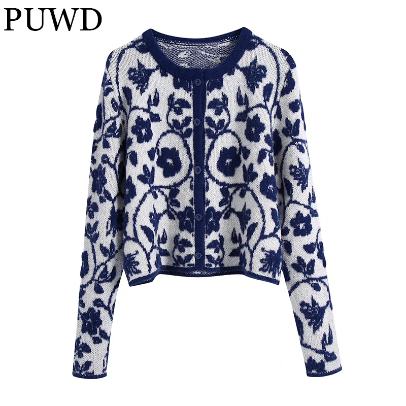 PUWD Casual Women Round Neck Floral Jacquard Knit Cardigan 2021Autumn/Winter Round neck Retro Color Contrast Slim Female Sweater
PUWD Casual Women Round Neck Floral Jacquard Knit Cardigan 2021Autumn/Winter Round neck Retro Color Contrast Slim Female Sweater