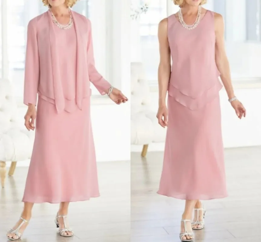 

Женское шифоновое платье для матери невесты, розовое ТРАПЕЦИЕВИДНОЕ ПЛАТЬЕ до щиколотки с круглым вырезом, элегантное платье для гостей, 2022