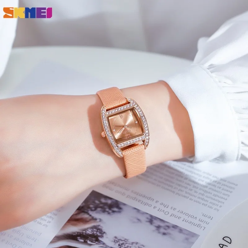 

SKMEI 30M Waterproof Leather Strap Girls Clock Watch Watches for Women Fashion Inlaid Brick Dial Women's Clock Watch 1770