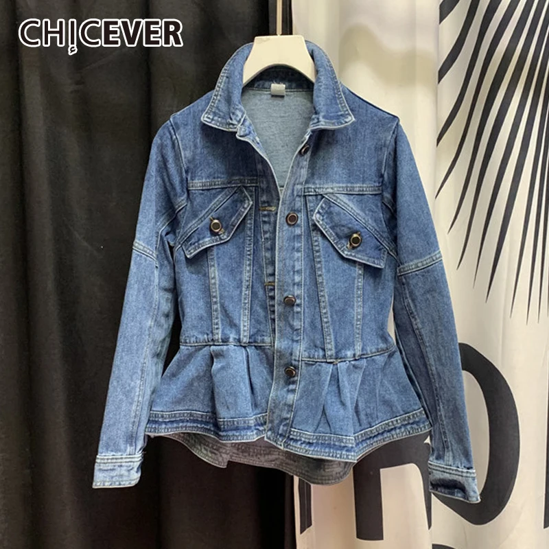 CHICEVER Minimalist Solid Denim Coat For Women Lapel Long Sleeve Patchwork Pockets Straight Jackets Females Spring Fashion Style
CHICEVER Minimalist Solid Denim Coat For Women Lapel Long Sleeve Patchwork Pockets Straight Jackets Females Spring Fashion Style