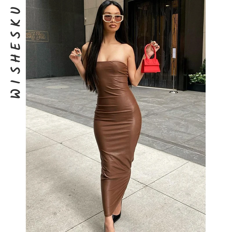 Sexy Strapless Stretch PU Faux Leather Bodycon Midi Dress Black/ Chocolate Solid Elegant Party Dresses 2021 Fall Harajuku Outfit
Sexy Strapless Stretch PU Faux Leather Bodycon Midi Dress Black/ Chocolate Solid Elegant Party Dresses 2021 Fall Harajuku Outfit