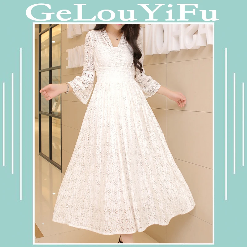 Bohemian Women Dress White Long Dresses Hollow Out Lace V-neck Elegant Flare Sleeve Causal Beach Vestidos Spring Autumn Clothing
Bohemian Women Dress White Long Dresses Hollow Out Lace V-neck Elegant Flare Sleeve Causal Beach Vestidos Spring Autumn Clothing