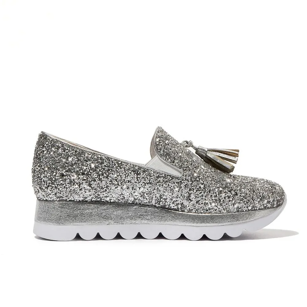 US4-12 Womens Round Toe Sequins Bling Tassels Wedge Heel Sliver Slip On Loafers Shoes Genuine Leather New
US4-12 Womens Round Toe Sequins Bling Tassels Wedge Heel Sliver Slip On Loafers Shoes Genuine Leather New