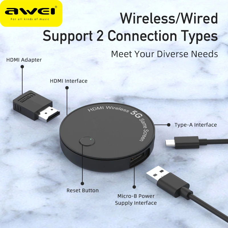 AWEI беспроводной WiFi HDMI ключ совместимый 5G USB микро зарядный порт дисплей адаптер ключ для ТВ
AWEI беспроводной WiFi HDMI ключ совместимый 5G USB микро зарядный порт дисплей адаптер ключ для ТВ