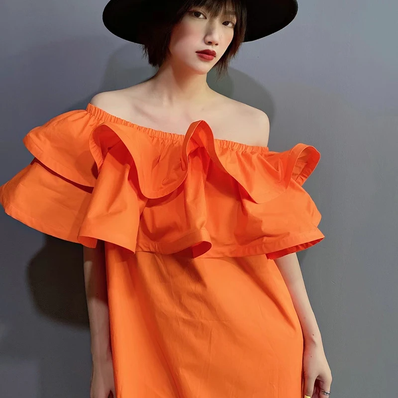 Loose Patchwork Ruffle Dress For Women Slash Neck Short Sleeve Loose Solid Dresses Female Fashion New Clothing 2021 
Loose Patchwork Ruffle Dress For Women Slash Neck Short Sleeve Loose Solid Dresses Female Fashion New Clothing 2021