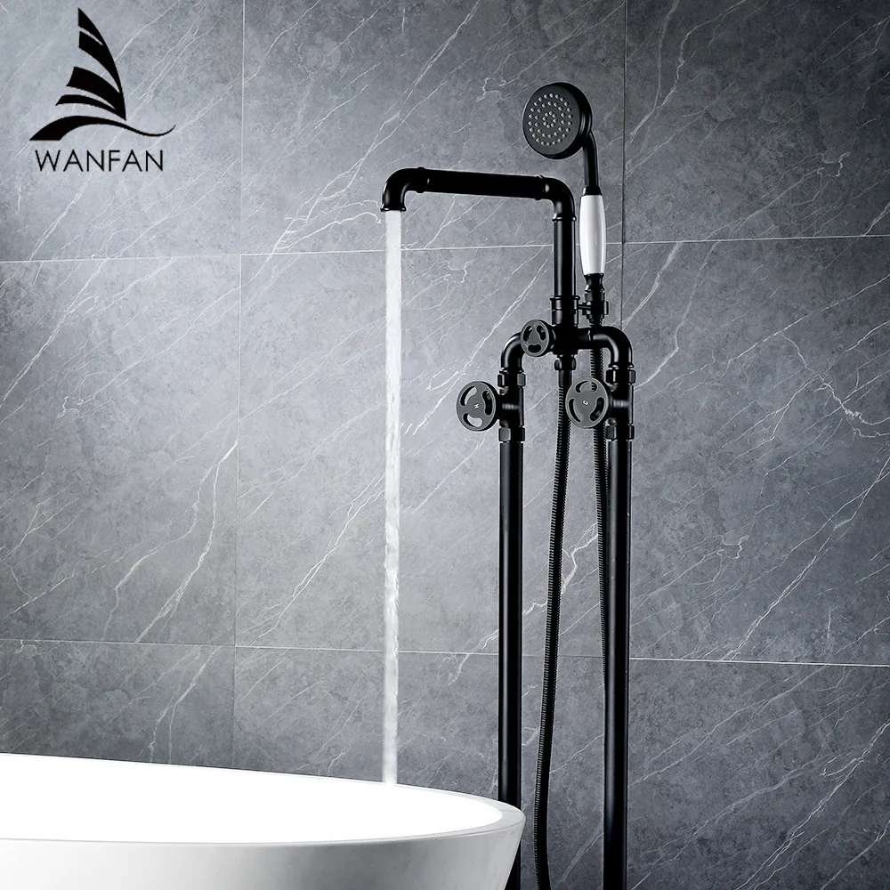 

Bathtub Faucets Black Industrial style Floor Standing Bathroom Shower Set Mixer Tap Bathroom Faucet Dual Handle Crane 20E07R